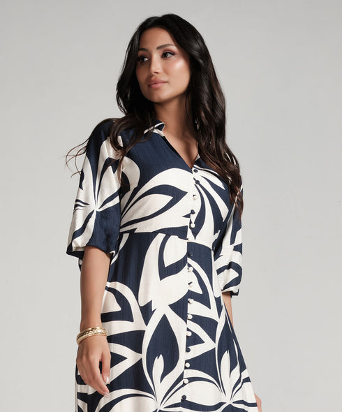 Front Buttoned Blue Printed Maxi Dress